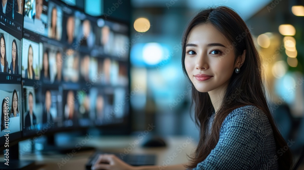A woman is sitting in front of a computer monitor with many faces on it. Generative AI A woman is sitting in front of a computer monitor with many faces on it. Generative AI