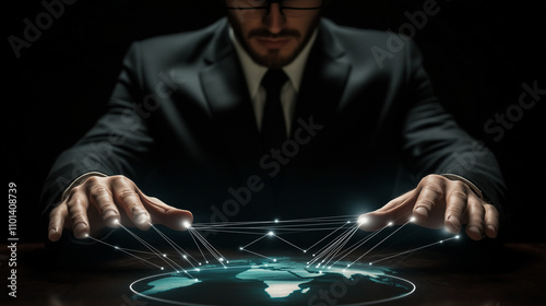 businessman as puppetmaster: cooperations using globe as marionette for own interests. man in suit controlling the earth with white puppet strings