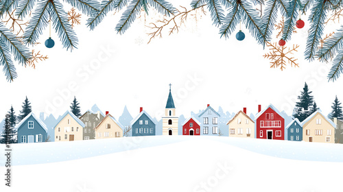 Christmas Card with Small Town, Houses, and Church in Hand-Drawn Cartoon  photo