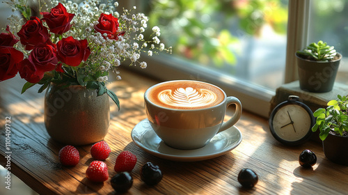 A cozy table setup with latte art, flowers, and fresh fruit AI generative photo