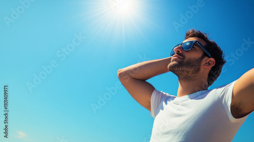 Man in sunglasses shielding from sun, promoting environmental awareness AI generative photo