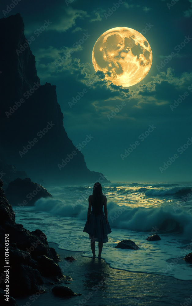 Fototapeta premium Woman walking on beach at night under full moon