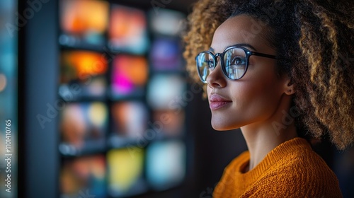 A woman with glasses is looking at a screen with many images on it. Generative AI