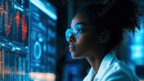 Focused woman analyzing digital data on screen, tech concept