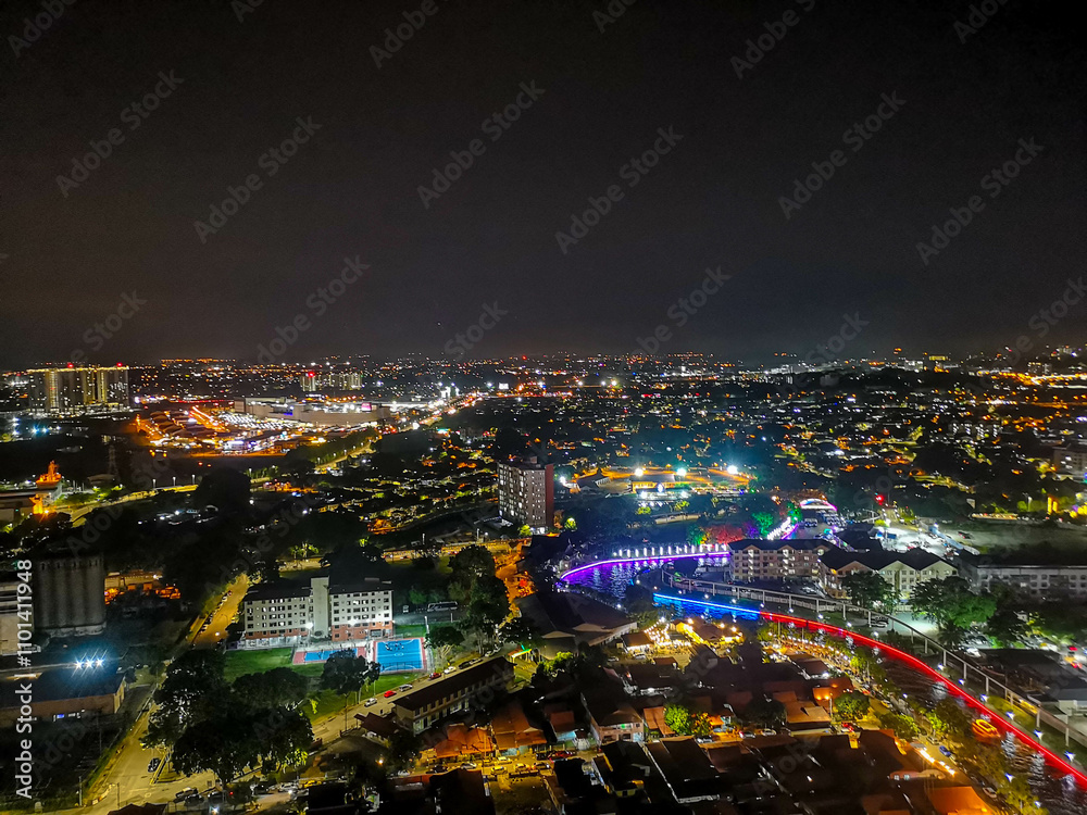 Obraz premium Aerial night view of the city Malacca, Malaysia