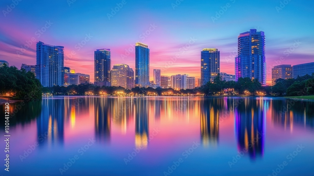 Fototapeta premium City skyline at sunset reflecting on water, serene urban landscape, natural twilight colors,