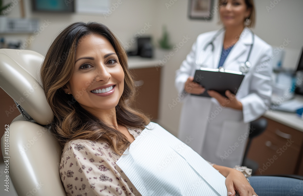 Obraz premium A woman sitting in a dentist's chair, with a doctor holding a clipboard nearby.
