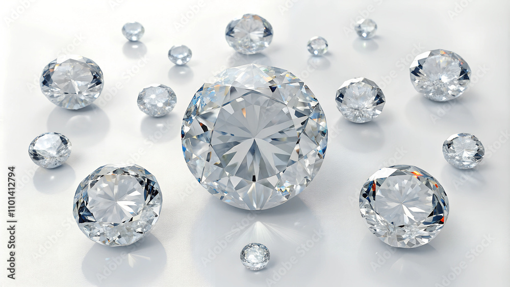 Sparkling Diamonds in Elegant Assortment on White Surface Sparkling Diamonds in Elegant Assortment on White Surface
