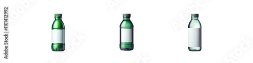 Set of Plastic Bottle With Green Cap And Blank Label, isolated over on transparent white background