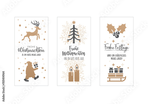 Weihnachtliche Geschenkanhänger - Geschenkgutschein und Weihnachtskarten-Set mit deutschem Text - gold und schwarz auf weißem Hintergrund