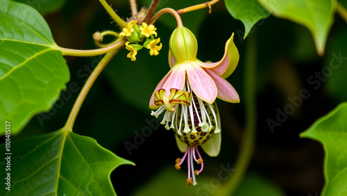 passionflower incarnata aka may pop or passion vine host plant for butterfly larva caterpillar gulf fritillary (agraulis vanillae) in Florida; superb detail photo