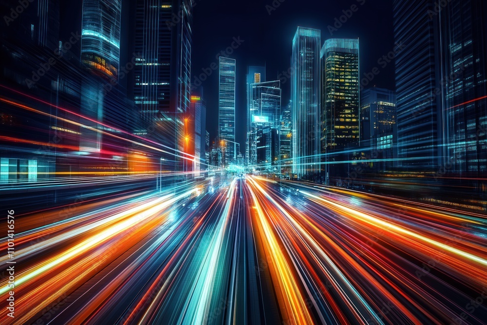 Fast city road at night with neon lights streaks. Modern skyscrapers surround fast highway. Futuristic tech city scene. Dynamic night view. Rapid transit Fast city road at night with neon lights streaks. Modern skyscrapers surround fast highway. Futuristic tech city scene. Dynamic night view. Rapid transit