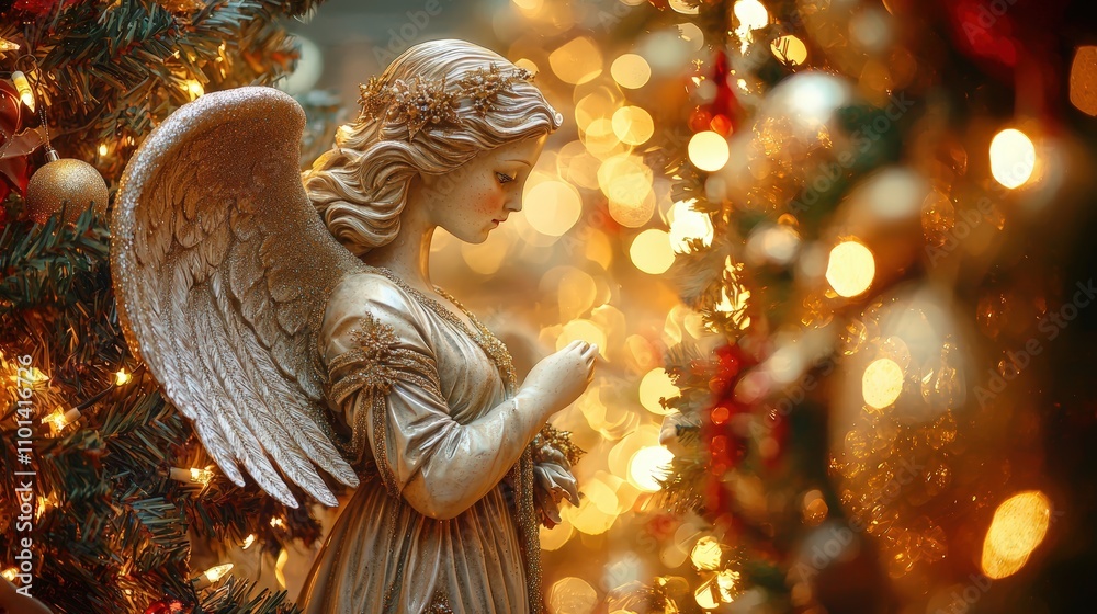 Fototapeta premium Elegant angel statue among festive decorations