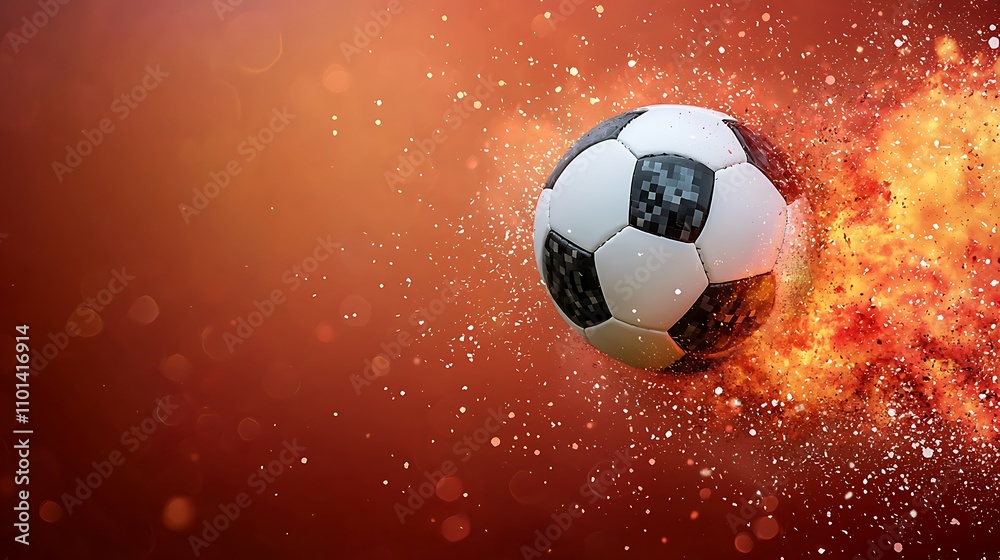 Naklejka premium A dynamic and eye catching banner featuring a soccer ball striking against a vivid red explosive background, with splashes of color adding movement and intensity to the composition
