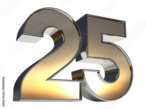 Isolated Logo of Silver Jubilee Anniversary. Gold Metallic Three Dimensional Alphabet 25. 3D Render Illustration.