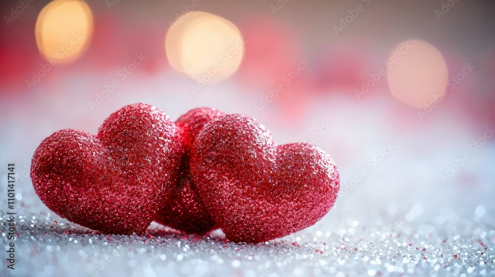 Fototapeta premium Sparkling red hearts on a romantic background
