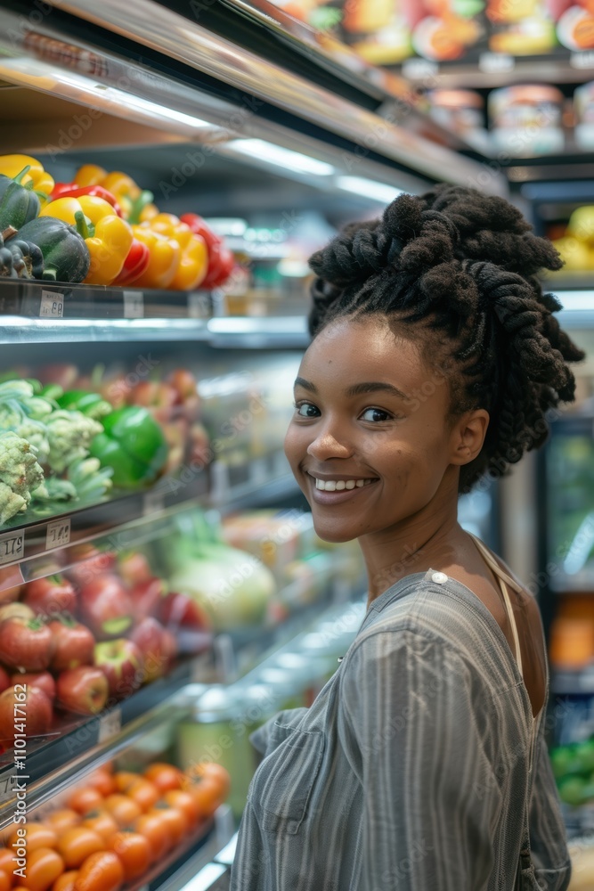 Happy woman shopping for healthy food at a grocery store, enjoying discounts and promotions on vegan options in the fridge