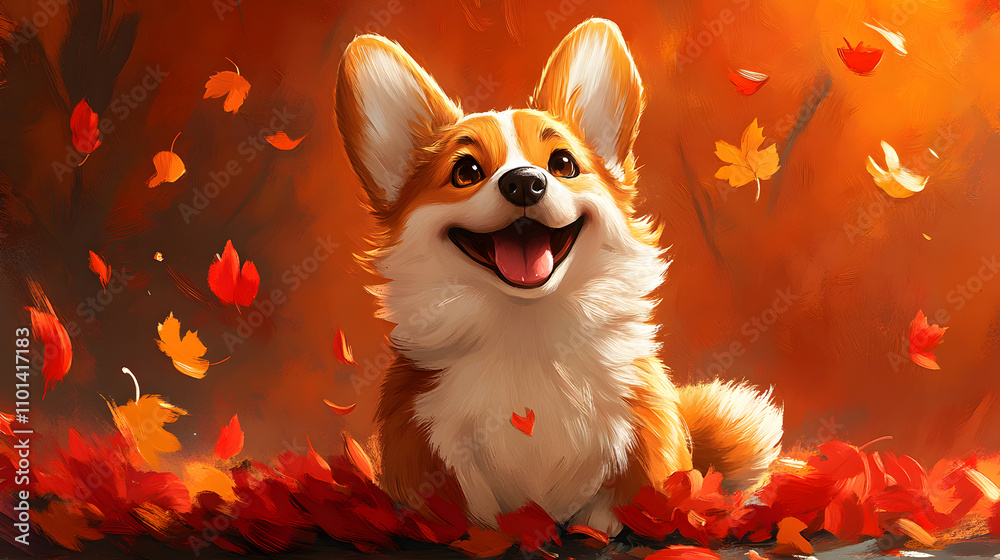 A charming digital cartoon-style illustration of a Corgi smiling happily, with oversized ears and a wagging tail, surrounded by animated autumn leaves in vibrant orange and red tones.