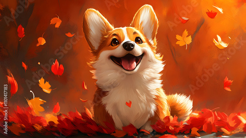 Obraz na płótnie A charming digital cartoon-style illustration of a Corgi smiling happily, with oversized ears and a wagging tail, surrounded by animated autumn leaves in vibrant orange and red tones. w salonie