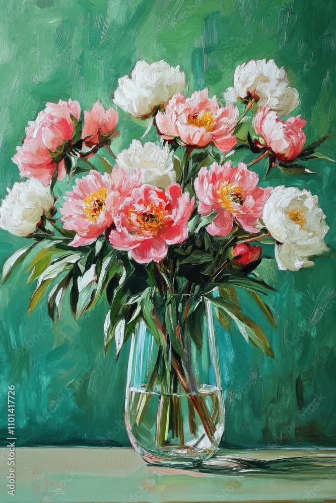 Fototapeta premium Beautiful floral arrangement of pink and white peonies in a clear glass vase against a vibrant green background showcasing natural elegance and charm.