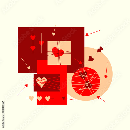 Romantic vector abstract geometric composition with hearts, circles, rectangles and squares in retro scandinavian style. Red graphic print