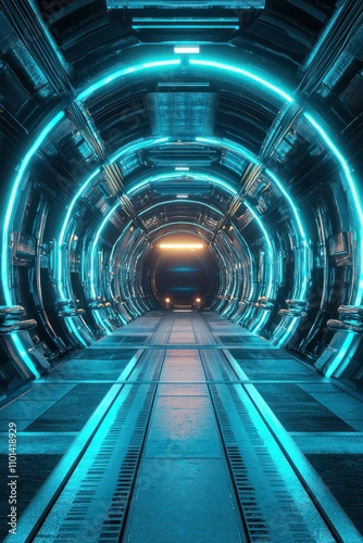 3D sci-fi tunnel effect in a garage with blue neon lighting.