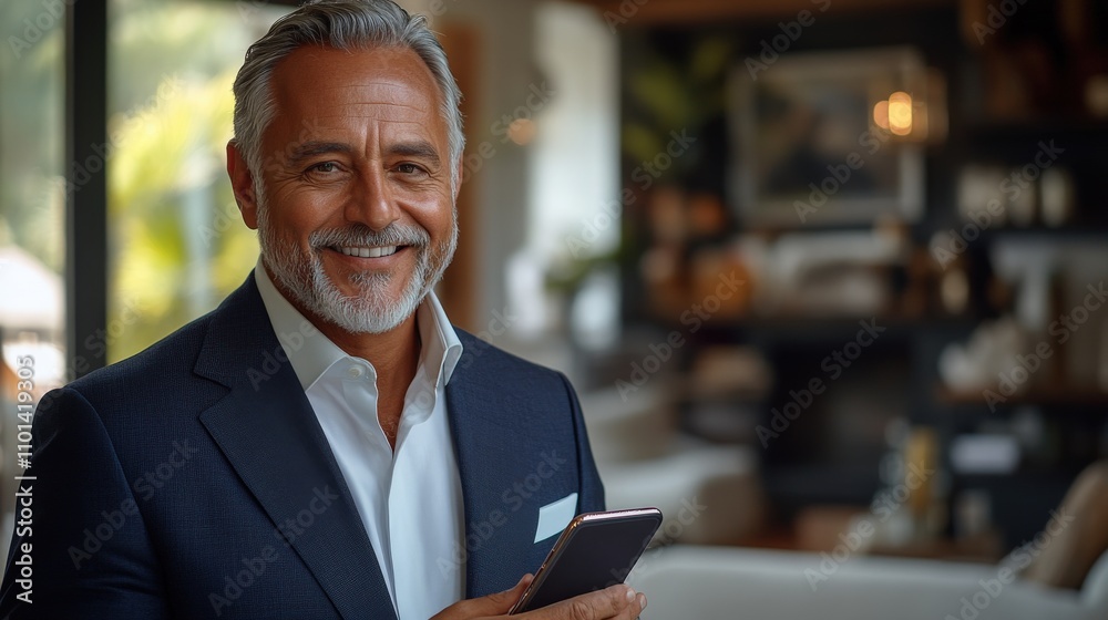 Fototapeta premium A smiling man in a suit holds a smartphone, exuding confidence in a stylish interior.