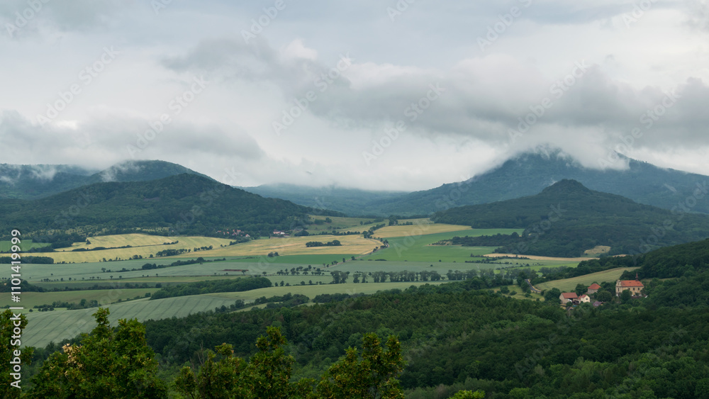 Fototapeta premium Landscape of the Bohemian Central Highlands from Košťálov Castle.