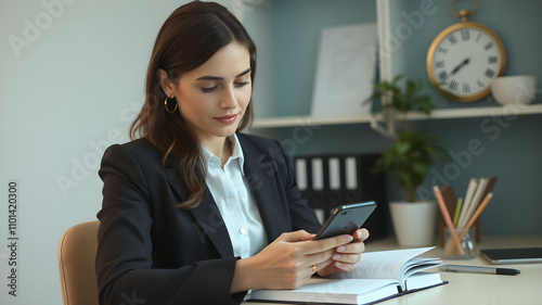 Portrait of female accountant makes and using smartphone with notes notebook working finances in office representing economics savings,
