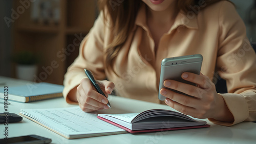 Portrait of female accountant makes and using smartphone with notes notebook working finances in office representing economics savings,