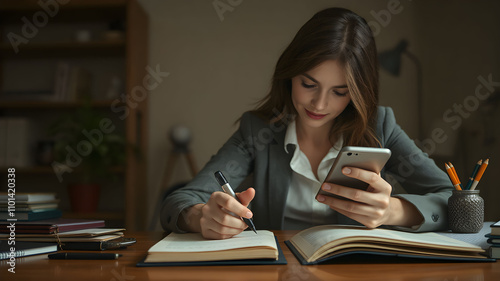 Portrait of female accountant makes and using smartphone with notes notebook working finances in office representing economics savings,