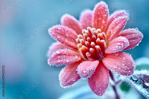 A close-up of a blooming pink daisy or gerbera on the street on a frosty winter day. The flower is covered with frost. The flower shimmers in the rays of sunlight. Freshness, tenderness