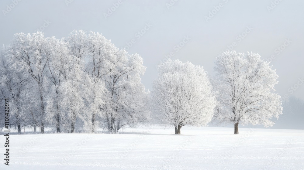 Snow-covered trees in a peaceful winter landscape under a misty sky. Snow-covered trees in a peaceful winter landscape under a misty sky.