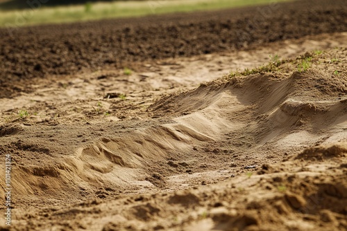 Close-up of erosion patterns in sandy soil with farmland backgro