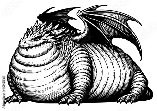 Chubby faty dragon with intricate scales, wings, and regal expression, blending fantasy and artistry sketch engraving generative ai PNG illustration. Scratch board imitation. Black and white image photo