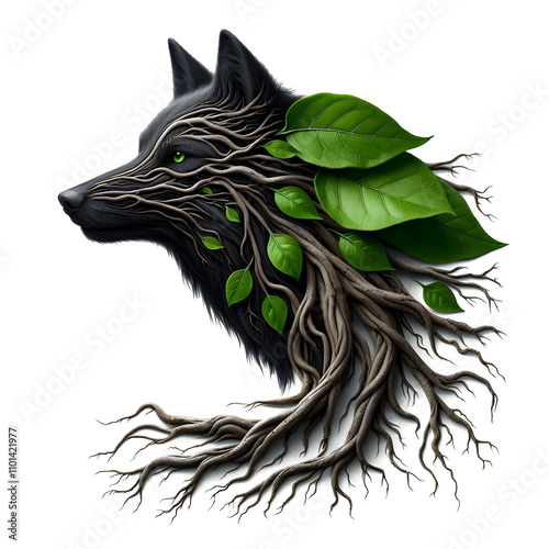 Greenery Wolf Illustration from roots, leaf and branches