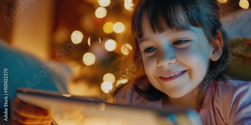 Child and parent bonding over a tablet at home, enjoying live streaming, movies, or educational content. Happy moments spent on video calls and using apps