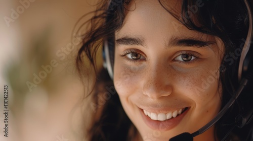 Happy customer service representative with a headset engaging with clients over the phone. Support agent providing assistance through online consultation