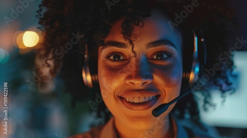 Customer service representative assisting with solutions, showcasing a cheerful employee in a support role with a microphone