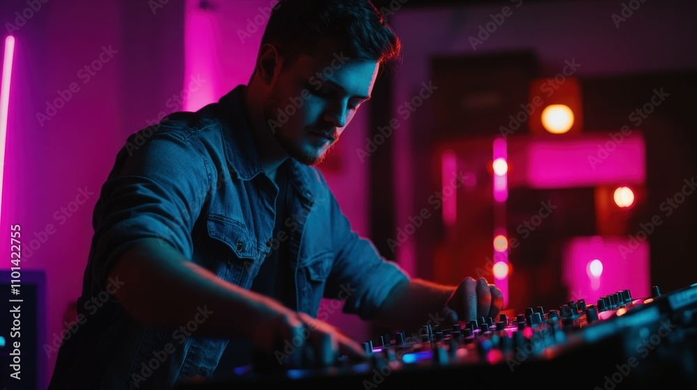 Fototapeta premium Male DJ operating a music mixer, dim light with neon accents creating an energetic vibe,