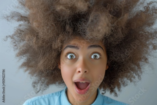 Portrait of a joyful woman in a studio, expressing excitement and surprise for good news, success, and recognition against a light background