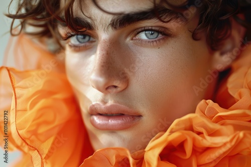 Stylish and modern male model showcases a non-binary, edgy look in a studio setting, embodying a relaxed and proud representation of LGBTQ culture with a creative aesthetic