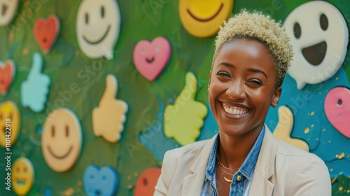 Emoji icons and influencer graphics for engagement reactions or follower growth. Cheerful person against a green backdrop for fan pages, content creation, or communication alerts