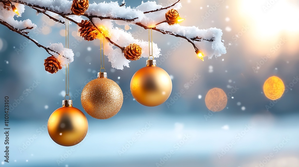 Fototapeta premium Golden Christmas ornaments hanging from a snowy branch, adding a touch of elegance and festive cheer to holiday decor and seasonal celebrations.
