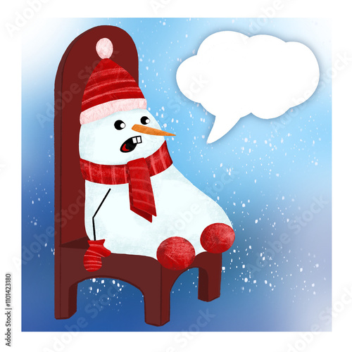 Cute snowman in a red hat tensed up on a big chair waiting for the New Year. New Year's card. Design for a New Year's card on a blue background with a cloud for thoughts.