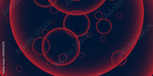 Abstract red Bubbles on Dark Background. Minimalistic Fluid Design with Neon red Circles. Deep red Bubble Abstract Art. Illustration. Vector.