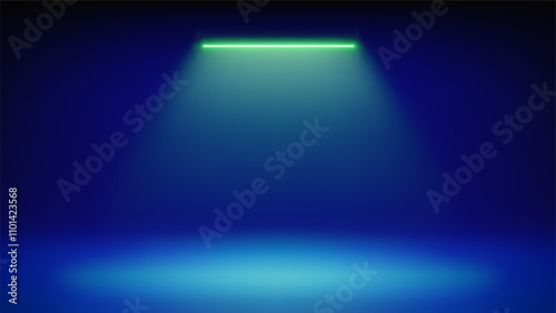 Futuristic blue stage background. Room illuminated by neon, modern green led spotlight. Minimalistic backdrop design for displaying products, presentation, advertising. Showcase. Vector