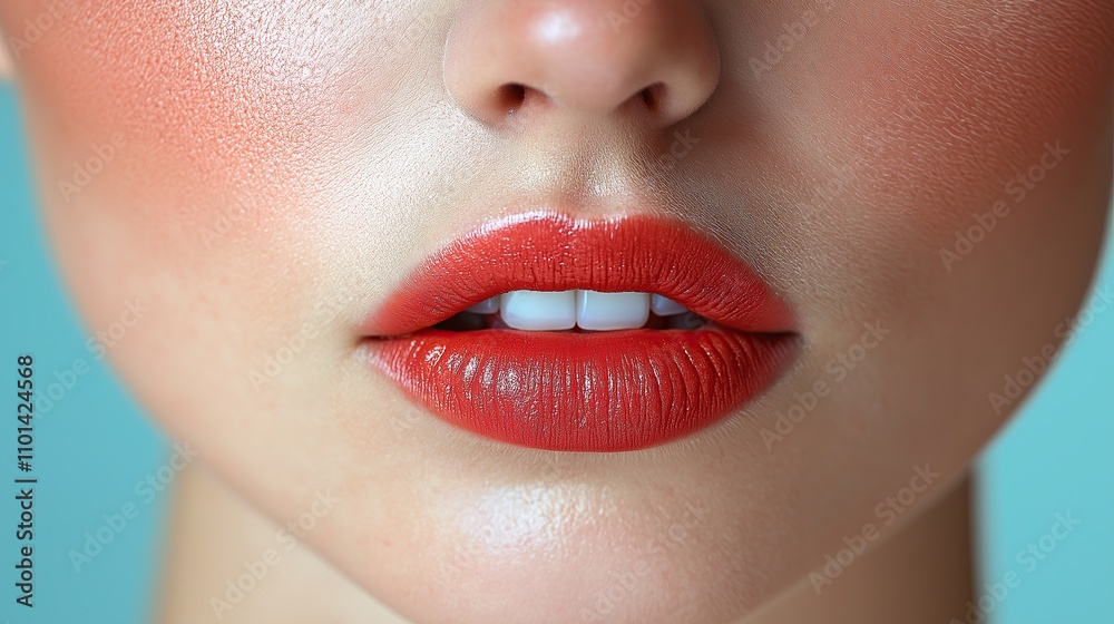 Naklejka premium Close-up of red lips for cosmetic advertisements and branding, ideal for showcasing beauty products and makeup looks, print for National Lipstick Day