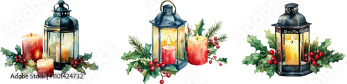 Christmas lantern with candles and holly white background