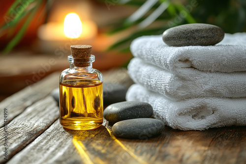 An essential oil in glass bottle near fluffy towels, pebble stones on table. Spa care and aromatherapy concept. photo